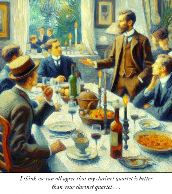 Cover for Clarinet Sheet Music Vol. 4 showing a painting of a man saying, "I think we all can agree that my clarinet quartet is better than your clarinet quartet."