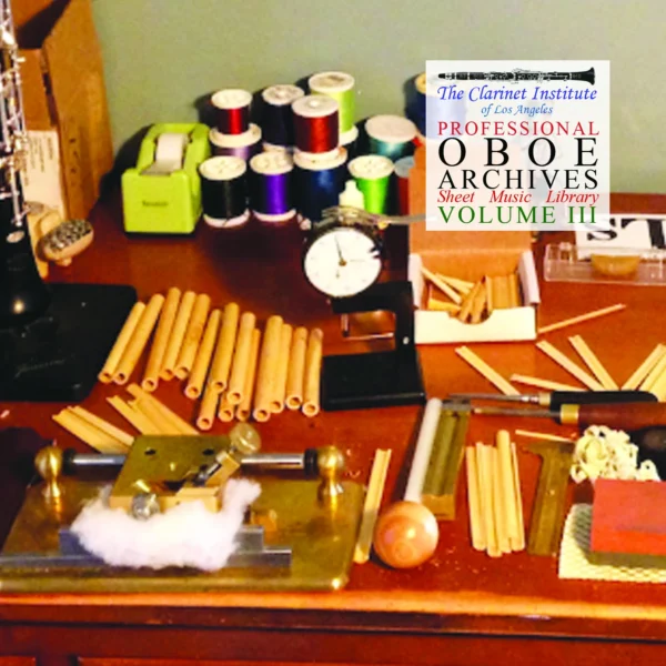 Cover for Oboe Sheet Music, Vol. 3 showing an Oboe reed maker's setup