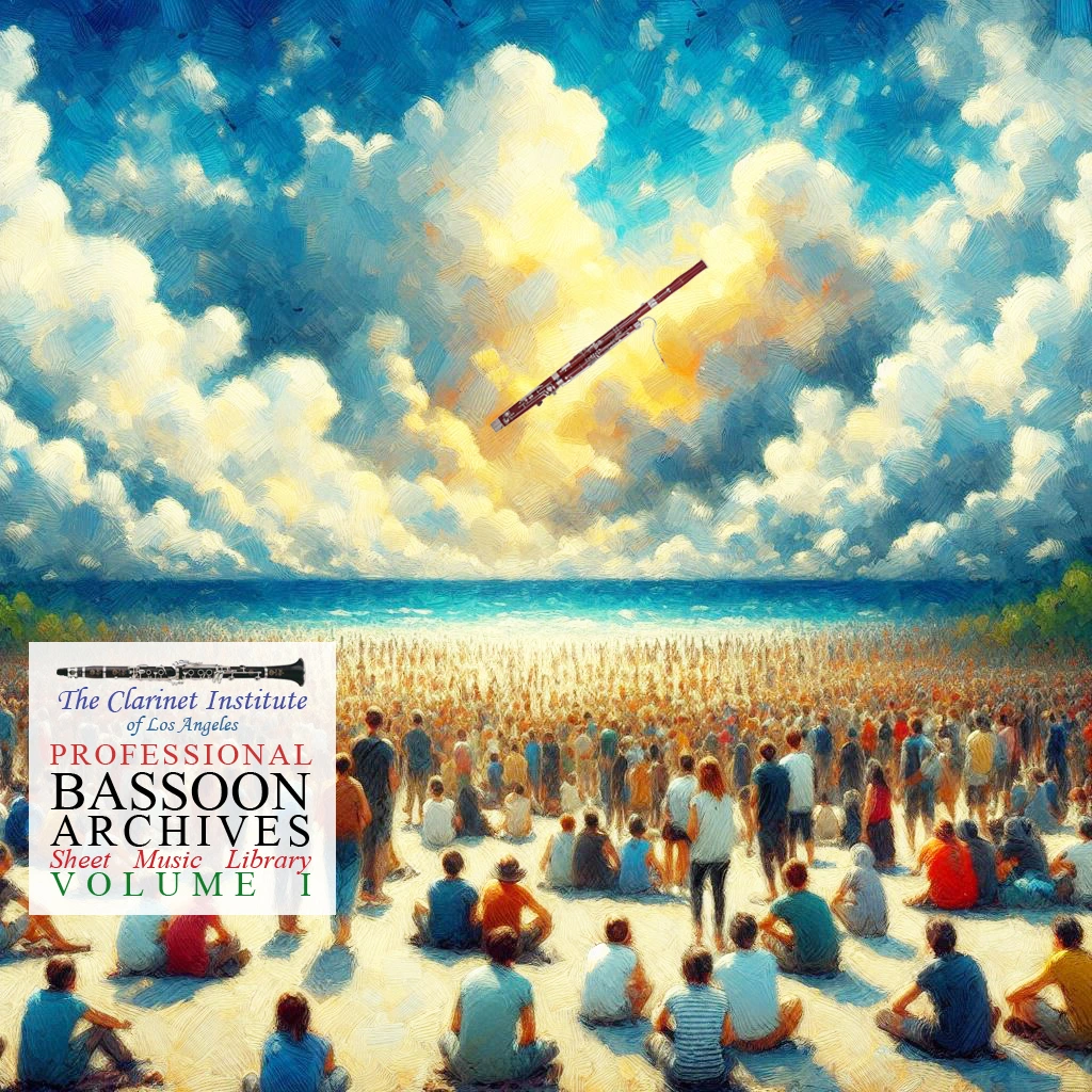 Bassoon Sheet Music, Vol. 1 cover image showing a painting a people watching a bassoon in the clouds
