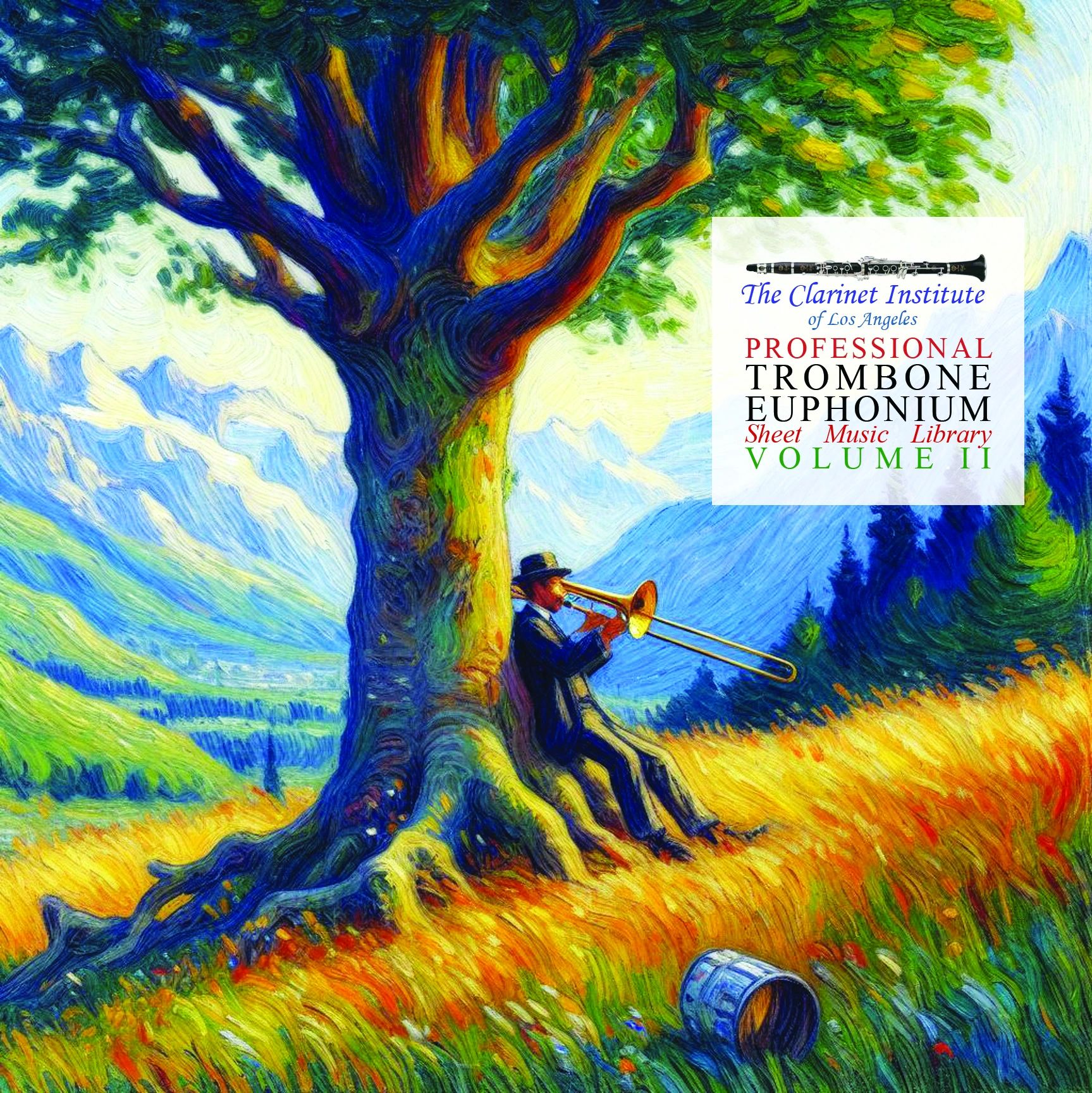 Trombone Euphonium Library Vol II cover - impressionist painting of musician under colorful tree.