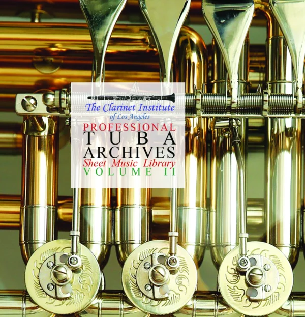 Close-up of a tuba, featured on the cover of Clarinet Institute Tuba Sheet Music, Volume 2