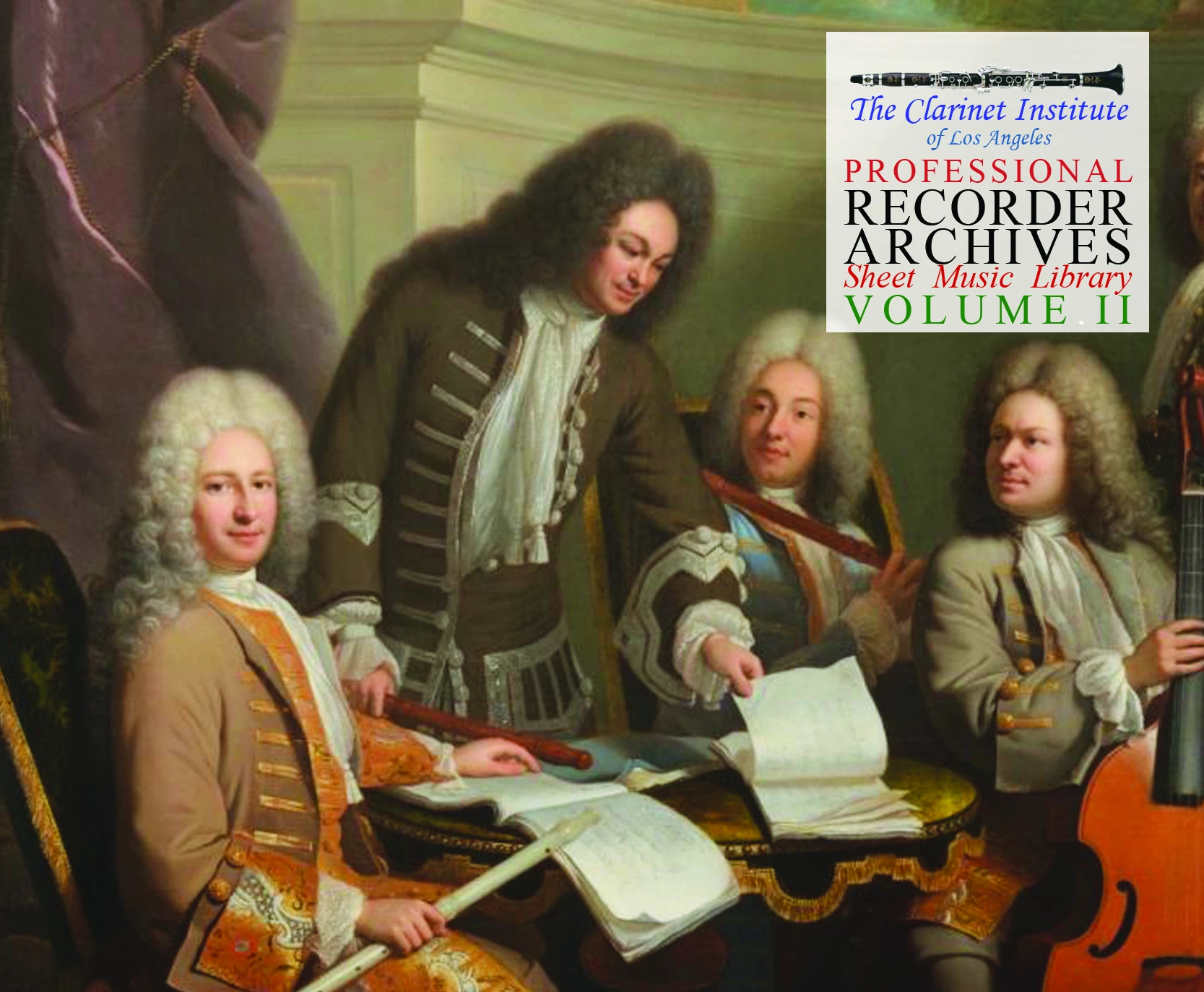 Cover art for Recorder Vol. 2, featuring an 18th-century painting of musicians seated, holding their instruments and studying sheet music together."