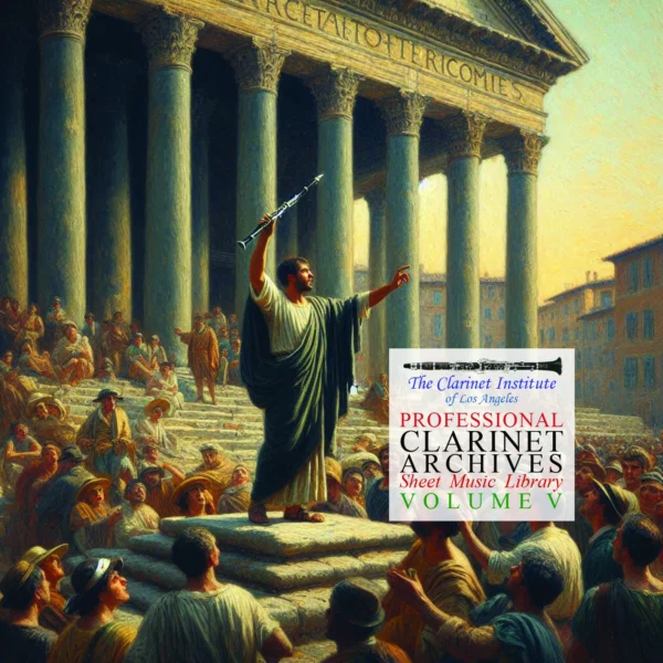 Humorous painting of a Roman orator holding a clarinet. Cover for Clarinet Sheet Music, Vol. 5