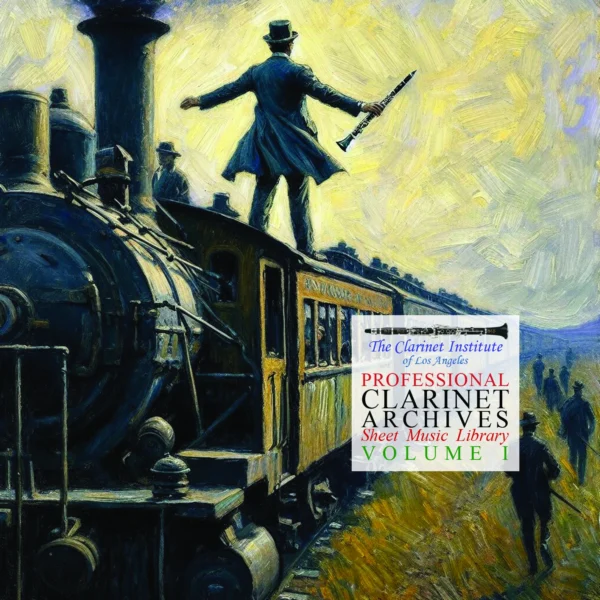 Cover image for Clarinet Sheet Music, Vol. 1 showing a man standing on a train while holding a clarinet.