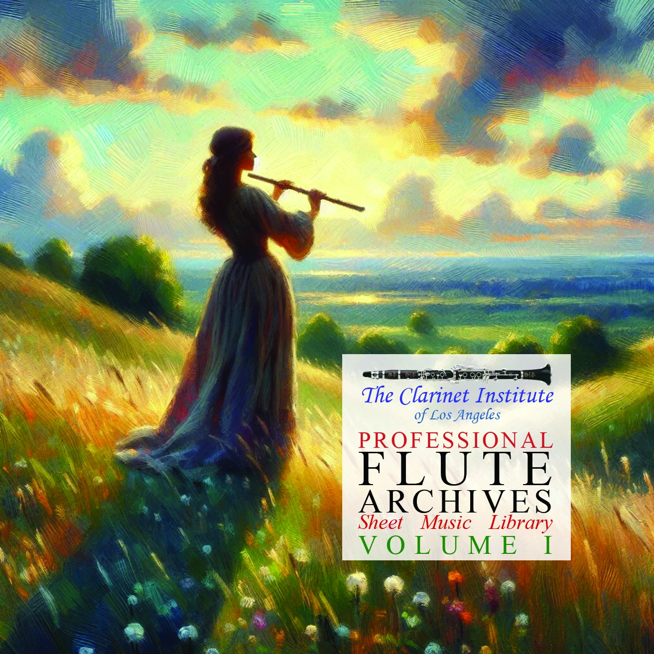 Cover art for Flute Sheet Music, Vol. 1—painting of a woman on a grassy hill holding a flute, symbolizing classical music and artistic expression.