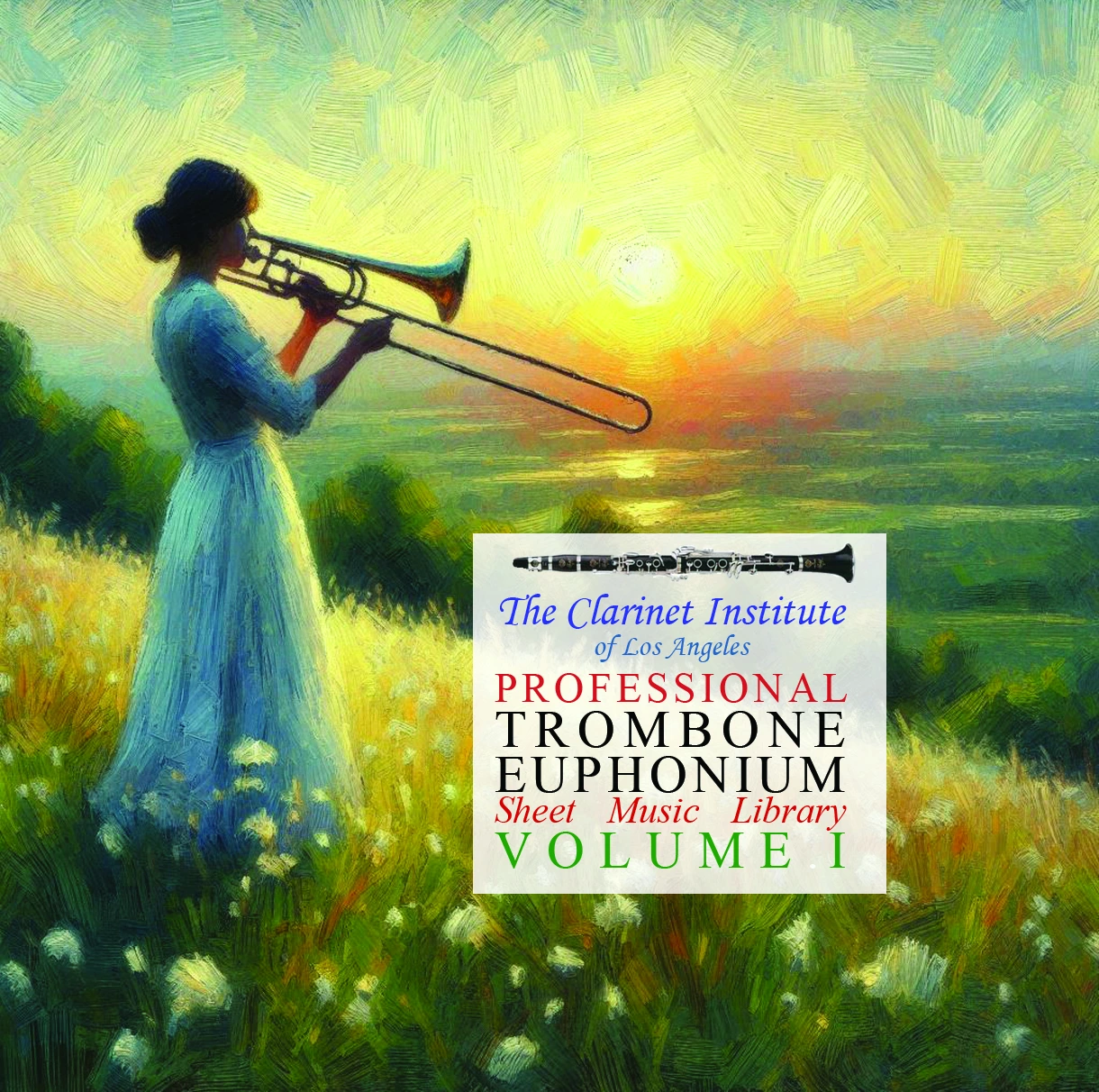Trombone Euphonium Library Vol I cover - figure playing trombone against vibrant sunset.