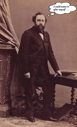 Portrait of Adolphe Sax, the inventor of the saxophone, contemplating his creation with the thought, 'I could name it after myself.' Cover image for the Complete Saxophone Sheet Music Collection.