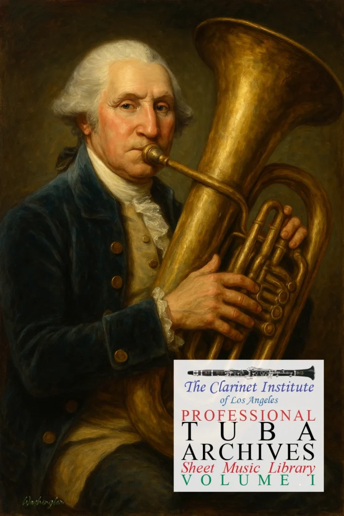 Cover for Tuba Sheet Music, Vol. 1 showing a portrait of George Washington playing the Tuba