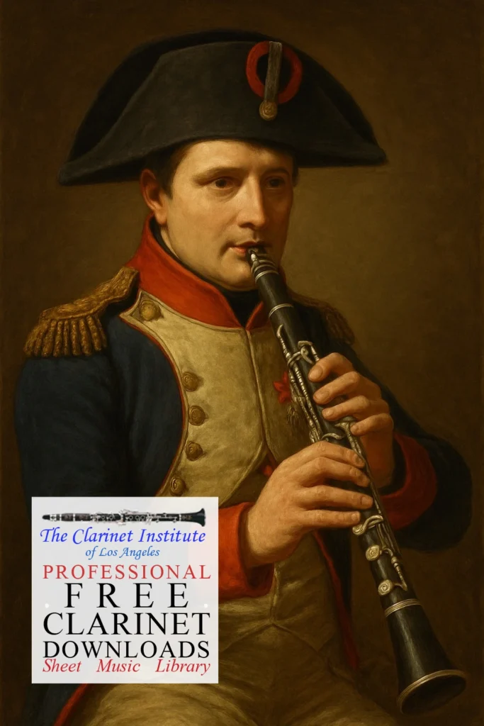 Cover for Free Clarinet Sheet Music Downloads showing a portrait of Napoleon playing the clarinet