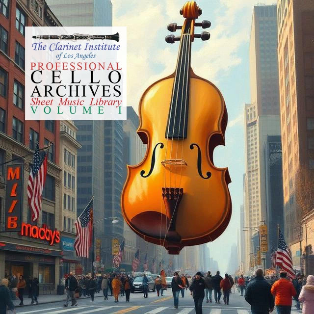 Cover for Cello Sheet Music, Vol. 1 showing a painting of a flying cello over a city street