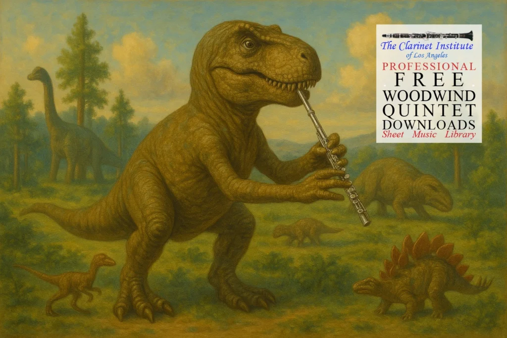 WW5tet - TRex with Flute Cover for Free Woodwind Quintet Sheet Music Downloads showing a dinosaur holding a flute