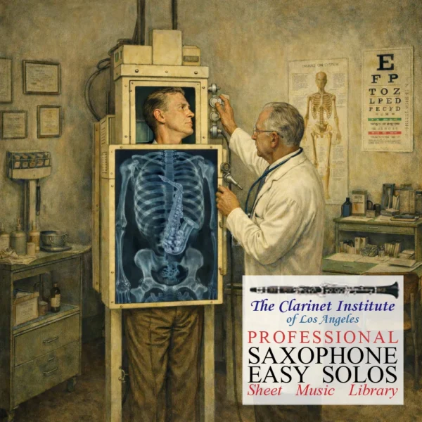 Cover for Saxophone Easy Solos depicting a doctor's office with an xray machine