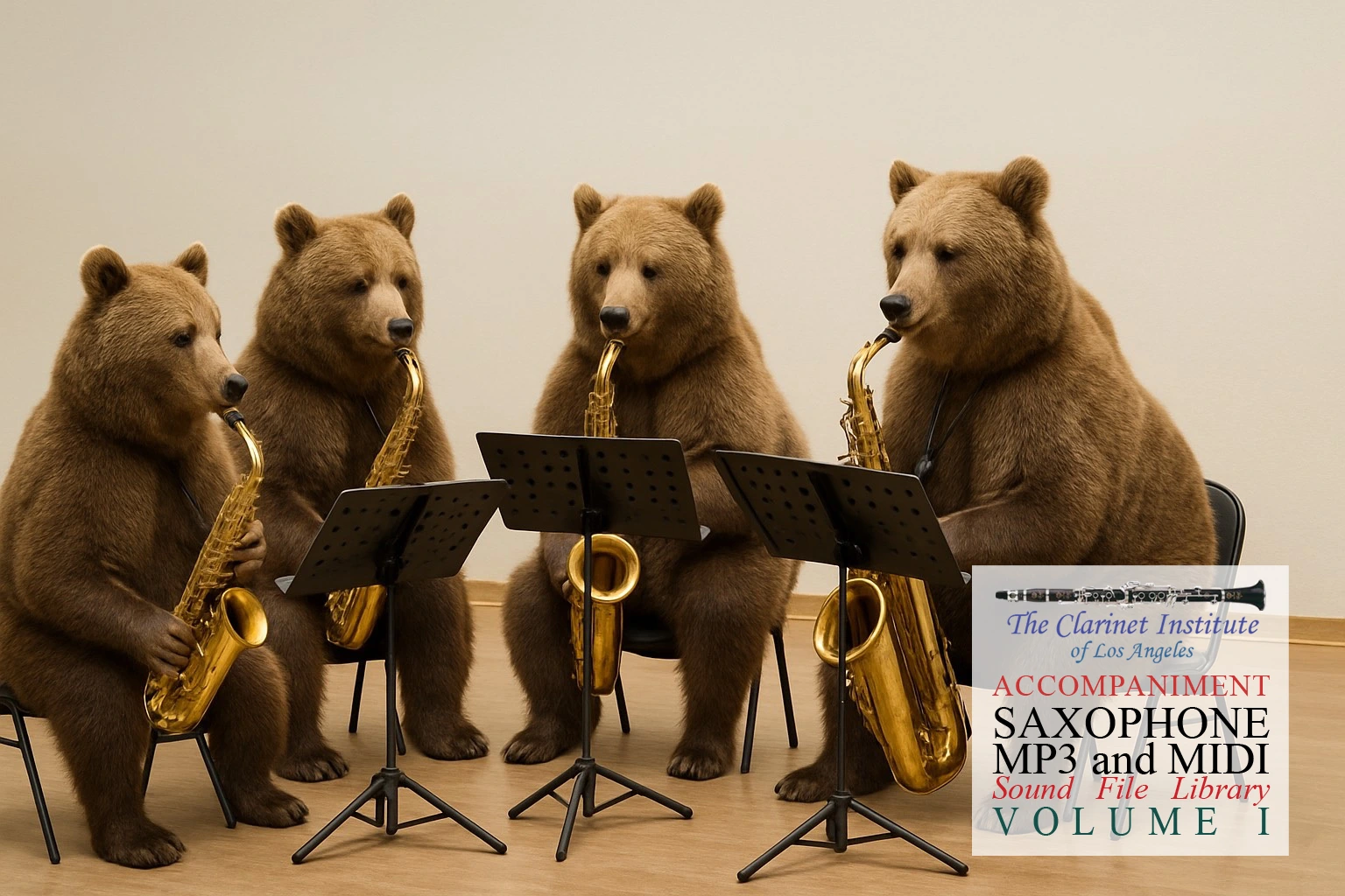 Cover for Saxophone Sound Files Accompaniment showing a bear sax quartet