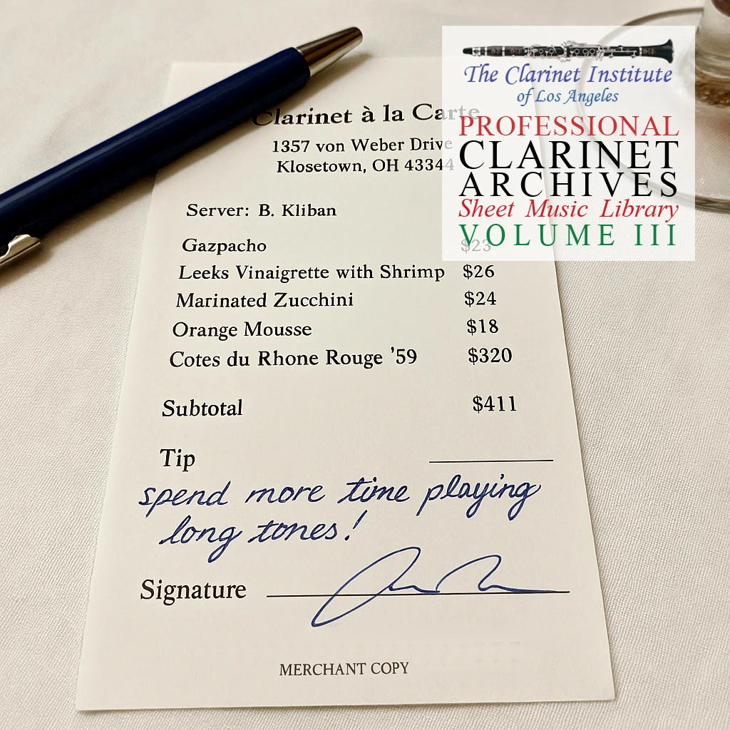 Cover for Clarinet Sheet Music, Vol. 3 depicting a restaurant receipt