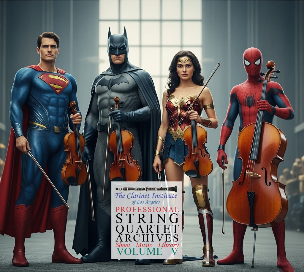 Cover for String Quartet sheet music, Vol. 5 depicting super heroes