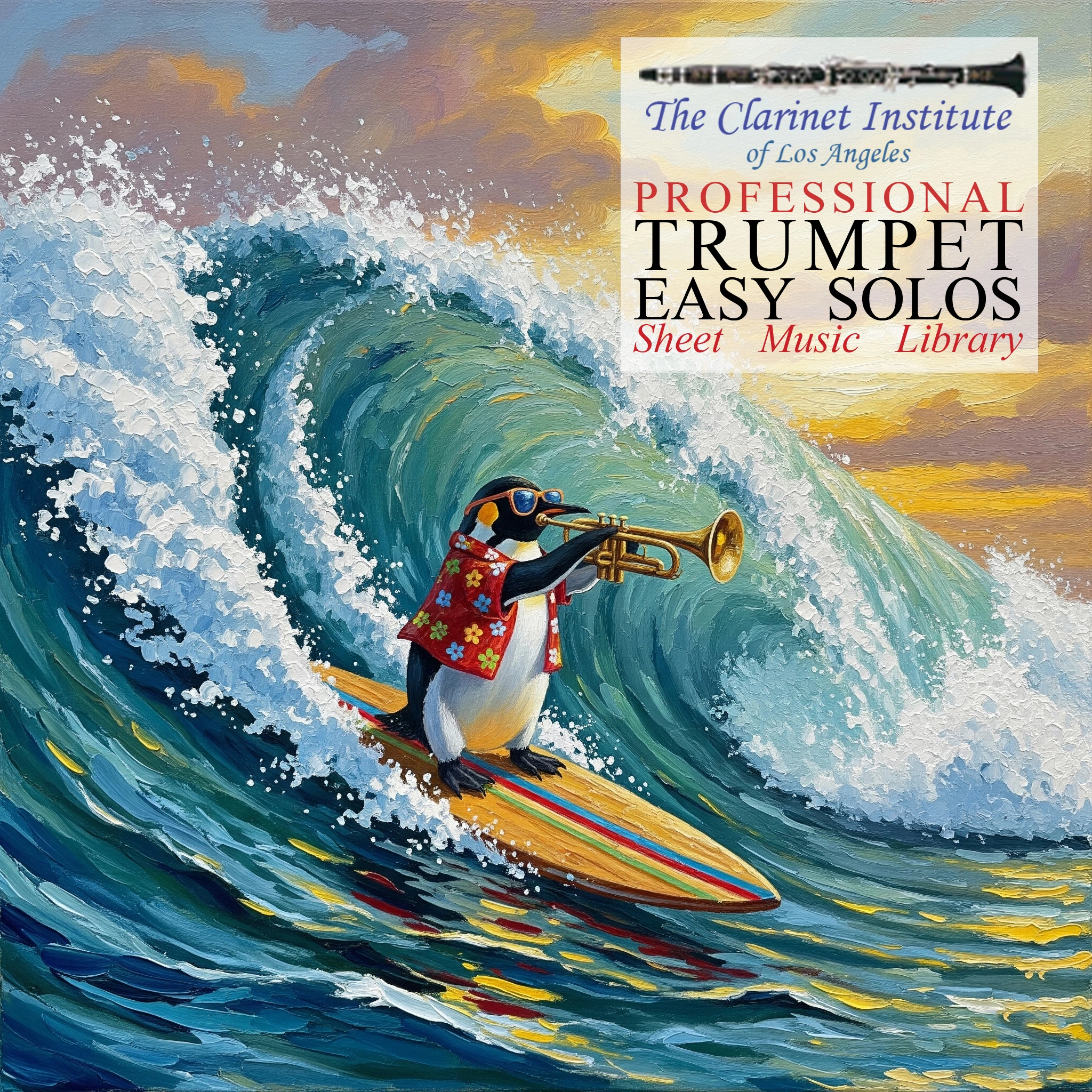 Cover for Trumpet Easy Solos Collection showing a surfing penguin playing the trumpet