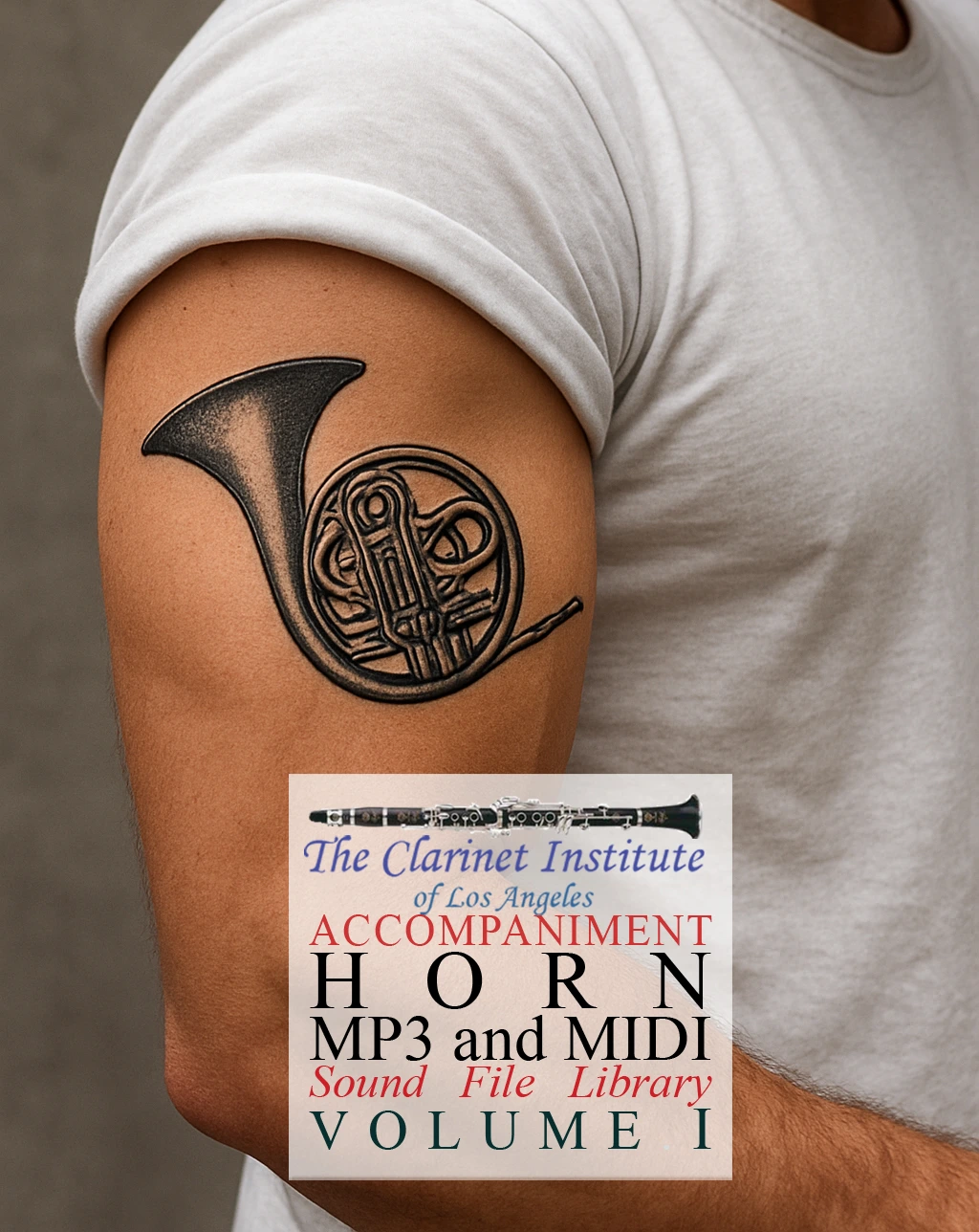 Cover for French Horn Sound Files showing a man's arm with a tattoo of a french horn