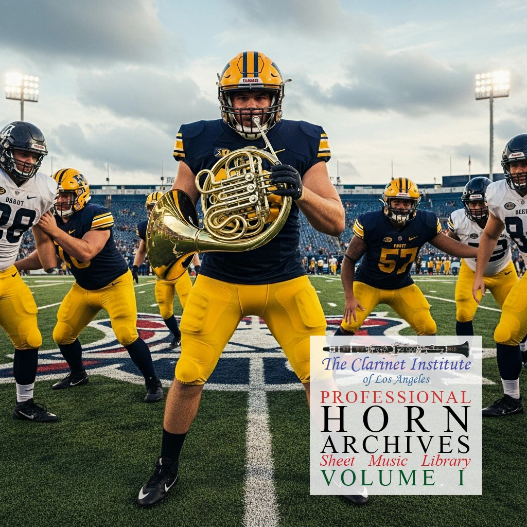 Football players on a field, with one player holding a French horn
