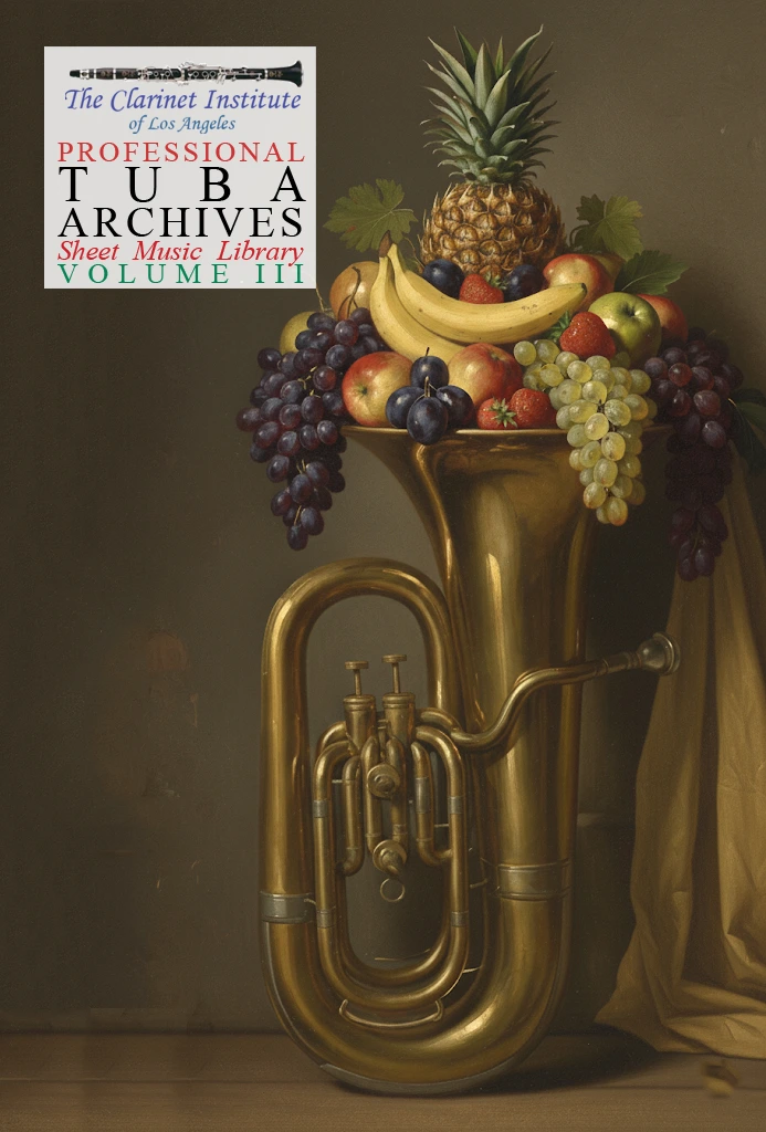 A painting of a brass tuba with assorted fruit spilling out of its bell, used as cover art for Tuba Sheet Music, Vol. 3.