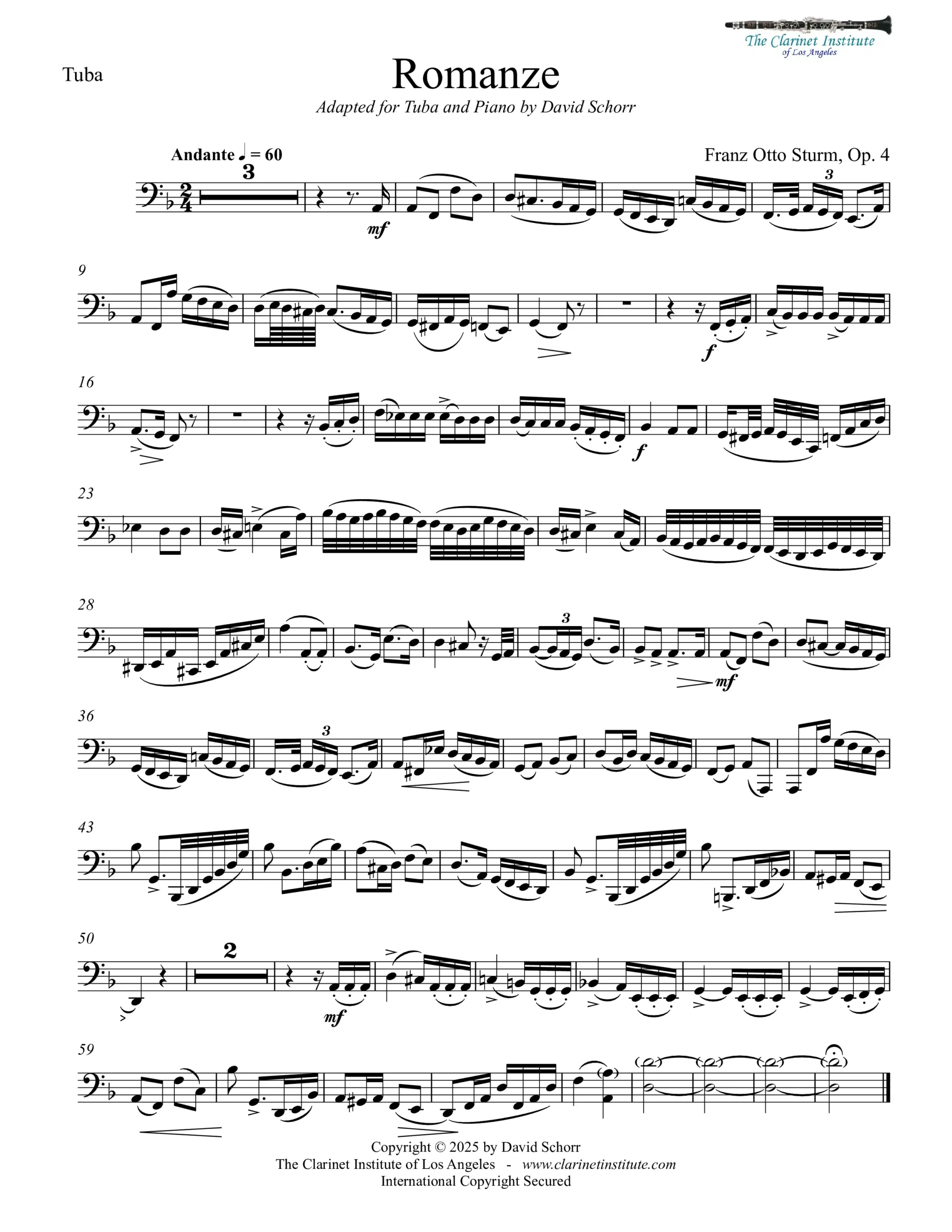 Sheet music for tuba and piano titled Romanze, Op. 4 by Franz Sturm, featuring a solo tuba line above a piano accompaniment.
