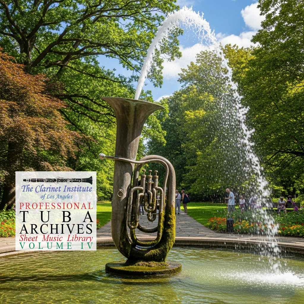 A park fountain sculpted from a large brass tuba, with water flowing from its bell and valves.