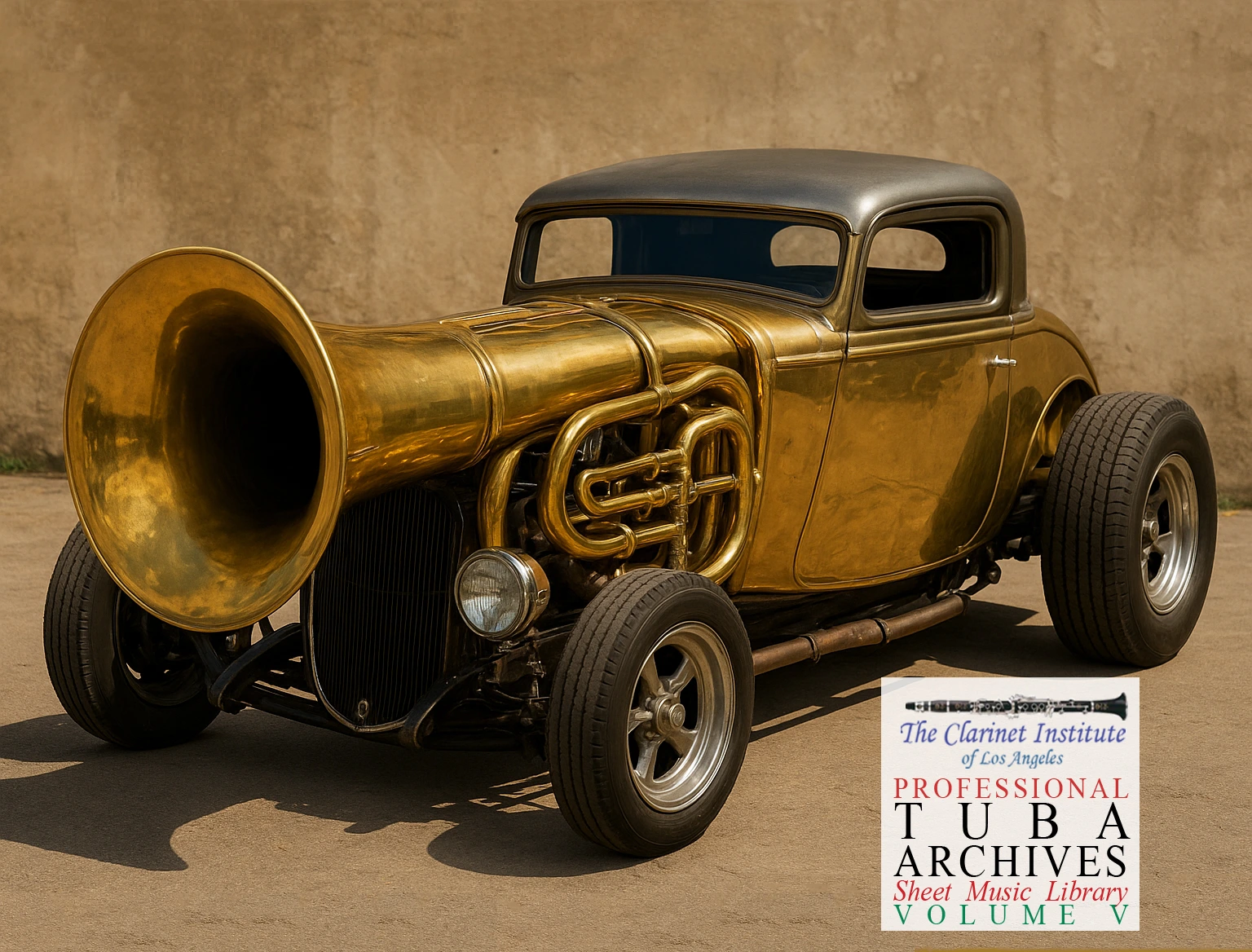 Custom hot rod styled as a brass tuba, with musical elements integrated into the car’s body design