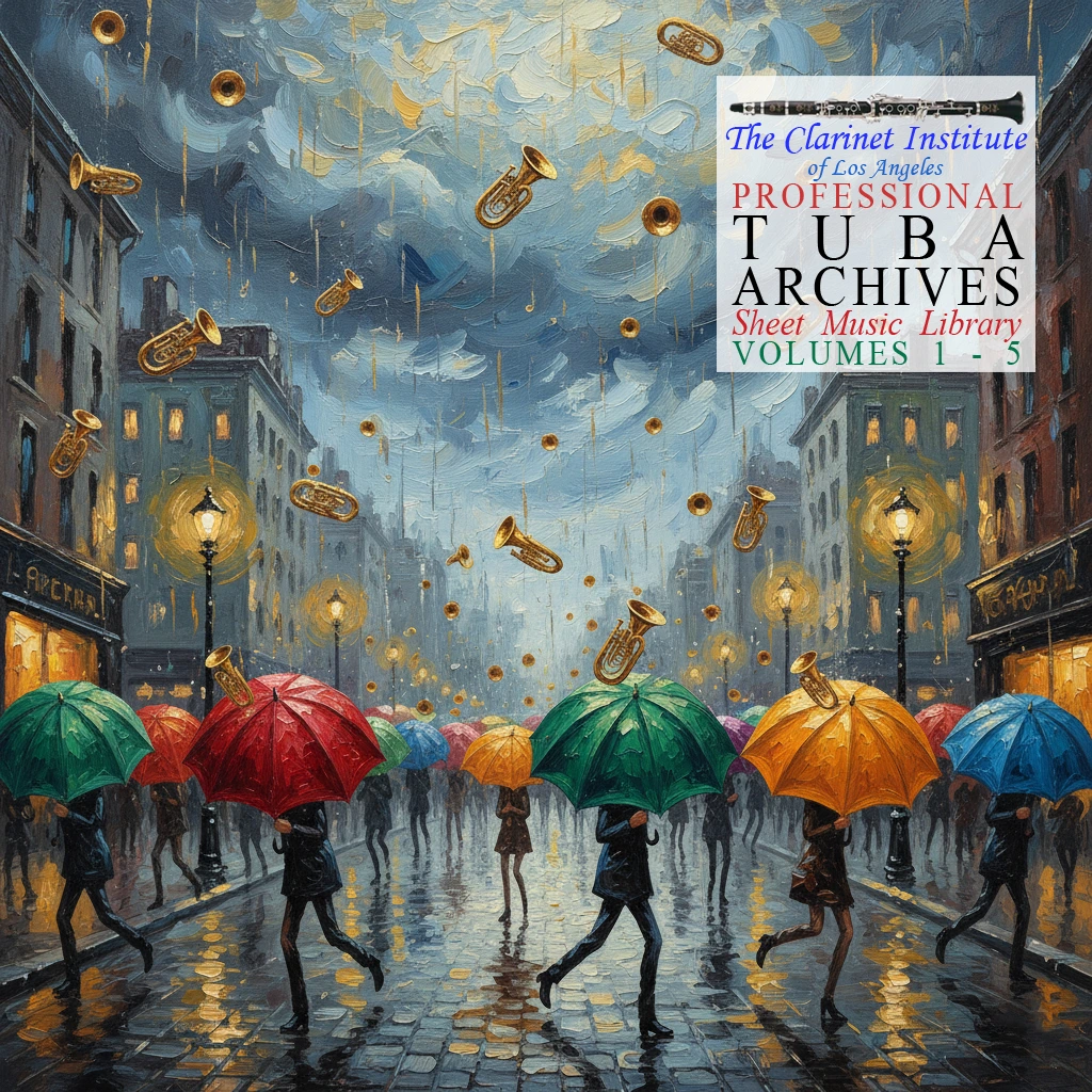 Crowded city street with people holding umbrellas as tiny tubas fall from the sky like raindrops