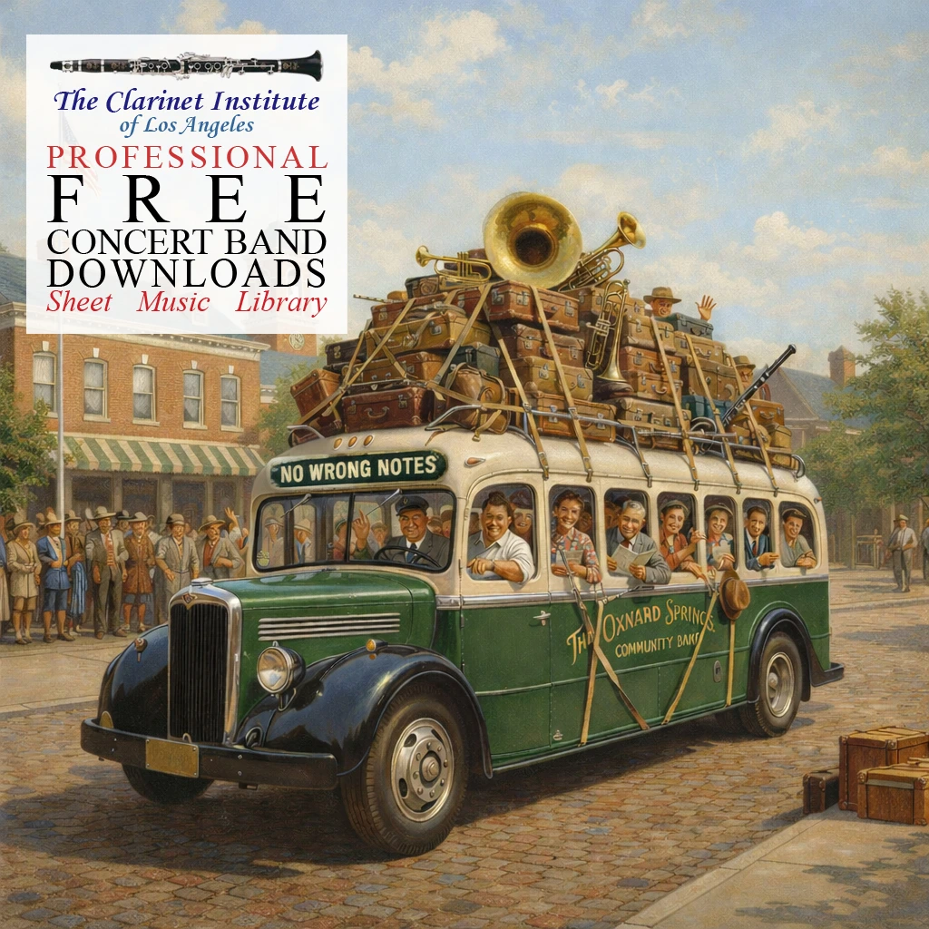 Cover for Free Concert Band Sheet Music showing a bus packed with instruments